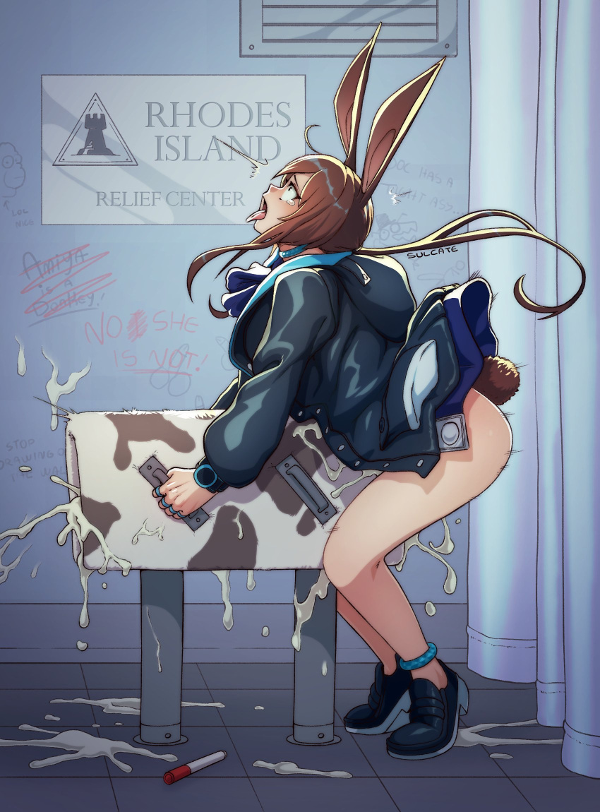 1girl ahegao amiya_(arknights) animal_ears arknights black_jacket blue_neckwear breeding_mount brown_hair cum english_commentary english_text excessive_cum from_side futanari highres hood hood_down hooded_jacket implied_futanari jacket long_hair long_sleeves masturbation open_mouth rabbit_ears solo standing sulcate tearing_up tiptoes tongue tongue_out