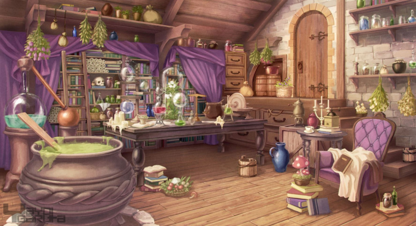 artist_name barrel bookshelf bottle bucket cabinet candle candlestand cauldron chair cup desk door flower garutaisa herb indoors ladder loaded_interior mushroom no_humans original pestle potion scenery scroll skull stairs watermark wax wooden_floor