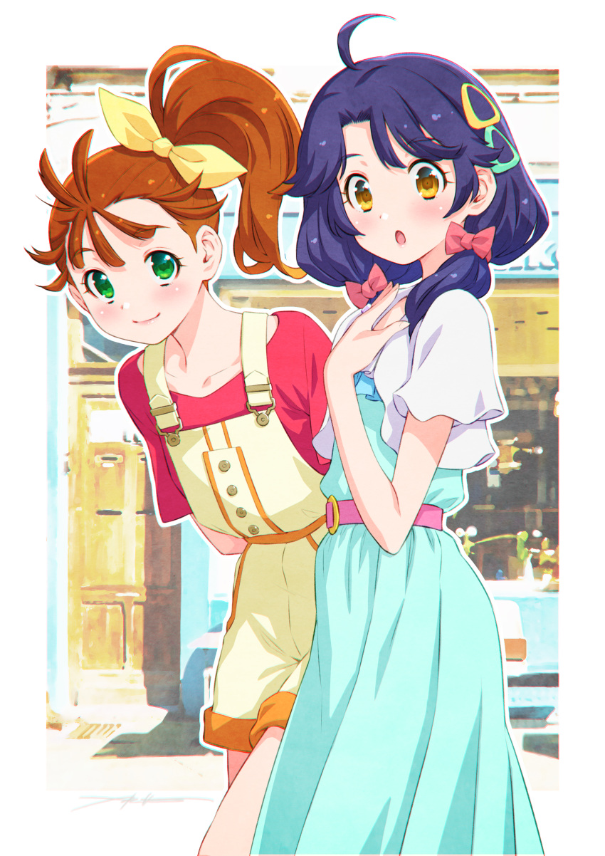 2girls absurdres bow closed_mouth commentary dress green_dress green_eyes hair_bow hair_ribbon highres kazuma_muramasa looking_at_viewer multiple_girls natsuumi_manatsu orange_hair overalls pink_bow precure purple_hair red_shirt ribbon shirt short_hair short_sleeves side_ponytail smile suzumura_sango tropical-rouge!_precure yellow_eyes yellow_overalls yellow_ribbon