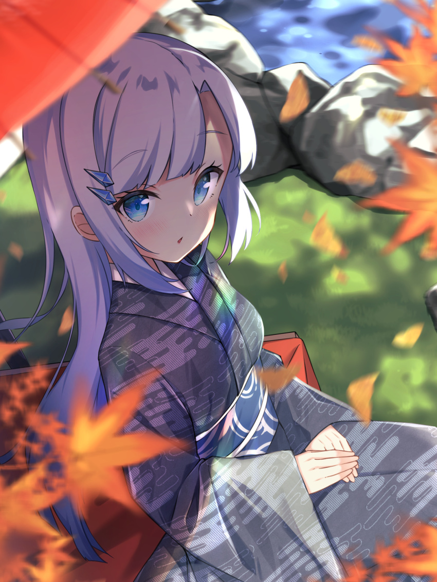 1girl autumn_leaves bangs blue_eyes blurry blurry_background blurry_foreground blush commentary_request day denshi_yousei_project depth_of_field egasumi eyebrows_visible_through_hair grey_kimono hair_ornament hairclip highres japanese_clothes kimono leaf long_hair long_sleeves looking_at_viewer maple_leaf mimura_zaja nagareru_ao obi oil-paper_umbrella outdoors parted_bangs parted_lips print_kimono red_umbrella sash silver_hair sitting sleeves_past_wrists solo umbrella very_long_hair water wide_sleeves