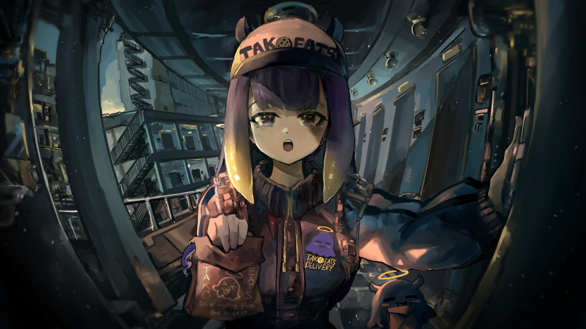 1girl absurdres alternate_breast_size alternate_costume apartment backpack bag baseball_cap building cloud cloudy_sky delivery door doorbell drawstring english_text evening fire_escape fisheye hallway halo hat highres holding holding_bag hololive hololive_english jacket mole mole_under_eye ninomae_ina'nis open_mouth paper_bag peephole purple_eyes purple_hair sidelocks sky solo stairwell tako_(ninomae_ina'nis) tentacle_hair tentacles virtual_youtuber vyragami