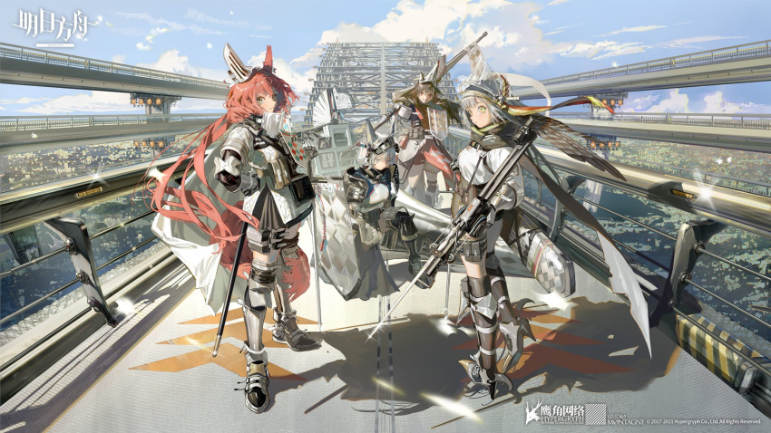 4girls animal_ears arknights arm_guards armor armored_boots arrow_(projectile) ashlock_(arknights) bangs belt belt_pouch black_gloves black_legwear black_scarf black_shorts black_skirt boots bridge brown_hair character_request city closed_mouth commentary company_name copyright_name day dress ear_ornament elbow_gloves elbow_pads english_commentary fartooth_(arknights) faulds feather_hair flametail_(arknights) full_body glint gloves green_eyes hand_on_hip helmet high_heels highres holding holding_polearm holding_sword holding_weapon knee_boots knee_pads lance long_hair long_sleeves looking_at_viewer mask mask_around_neck miniskirt multiple_girls official_art one_knee outdoors polearm ponytail pouch puffy_long_sleeves puffy_sleeves red_dress red_eyes scarf shield shirt shorts silver_hair skirt smile standing sword tail tamomoko taro-k thigh_pouch thigh_strap thighhighs very_long_hair weapon white_shirt wild_mane_(arknights) yellow_eyes