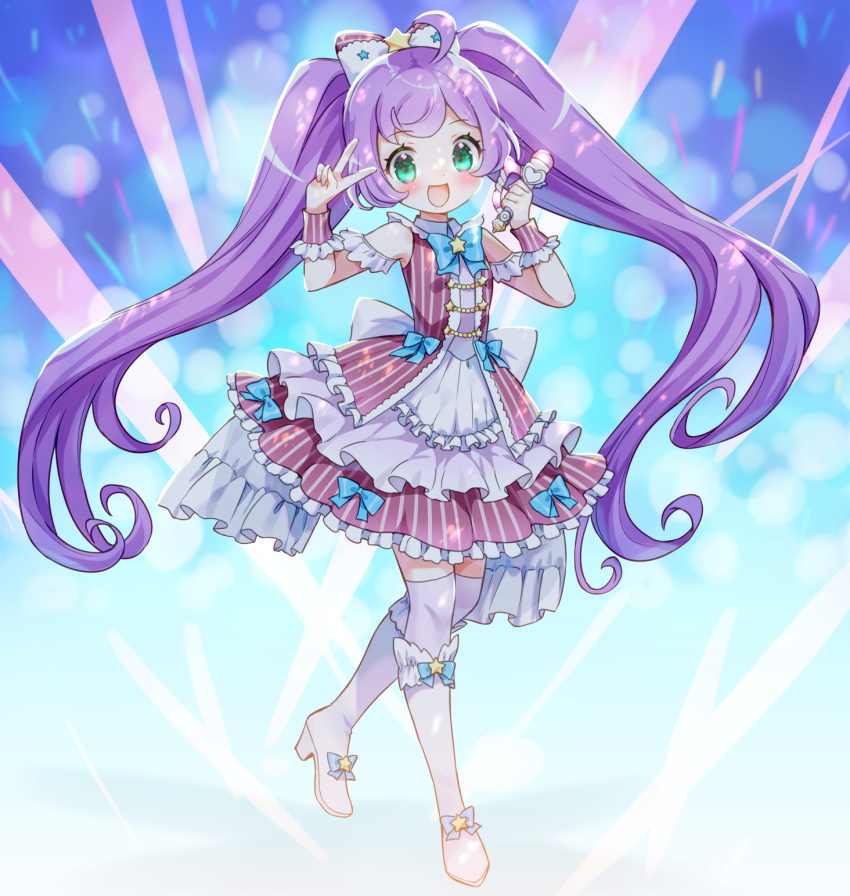 1girl amimi blue_ribbon blush dress frilled_dress frills green_eyes heart highres holding holding_microphone idol manaka_lala microphone pretty_(series) pripara purple_hair ribbon sleeveless solo thighhighs twintails v