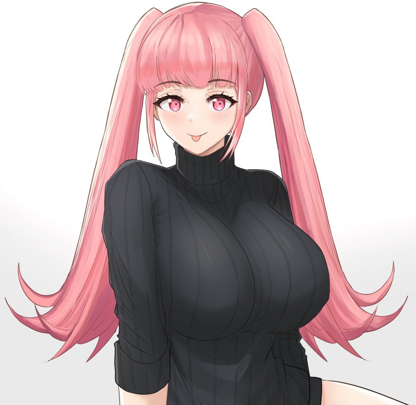 1girl :p absurdres alternate_costume bangs black_sweater blunt_bangs breasts closed_mouth commentary desspie english_commentary eyebrows_visible_through_hair fire_emblem fire_emblem:_three_houses highres hilda_valentine_goneril large_breasts long_hair looking_at_viewer naked_sweater pink_eyes pink_hair ribbed_sweater sidelocks simple_background smile solo sweater tongue tongue_out turtleneck turtleneck_sweater twintails very_long_hair white_background