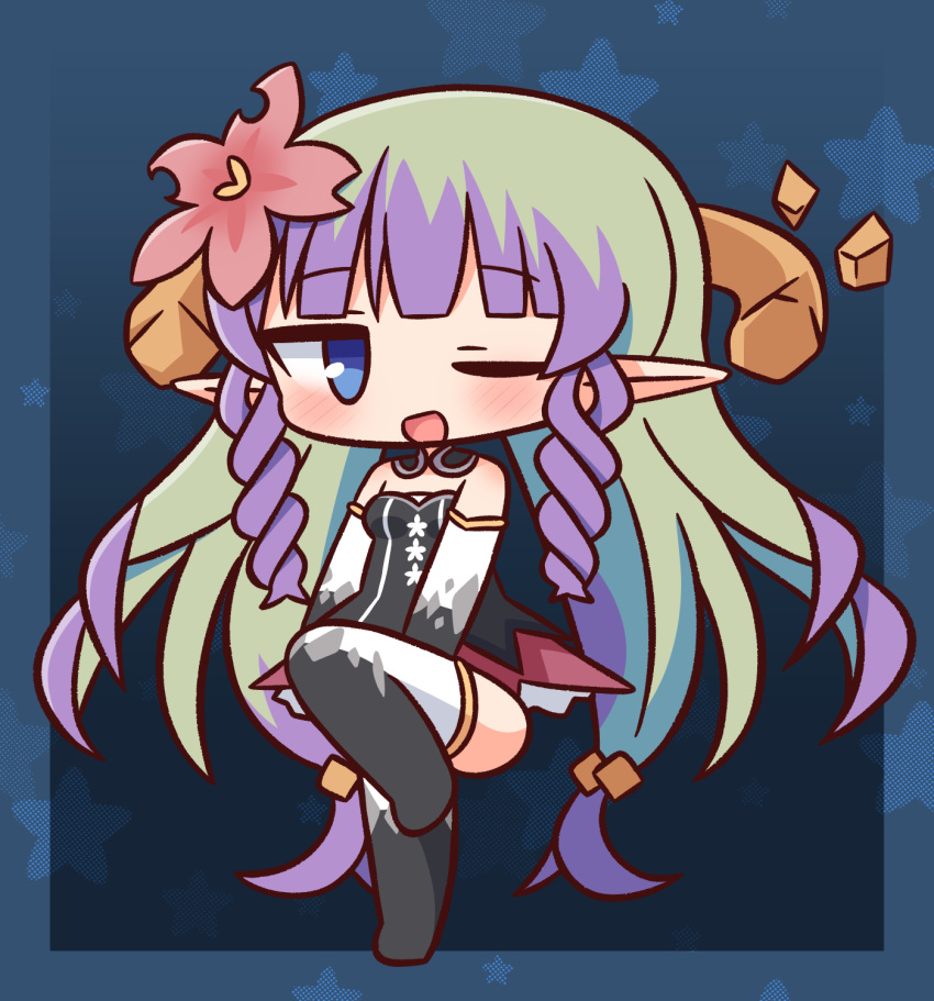 1girl ;d ameth_(princess_connect!) bangs black_dress black_gloves black_legwear blue_eyes blush breasts chibi commentary_request dress elbow_gloves eyebrows_visible_through_hair flower full_body gloves green_hair hair_flower hair_ornament hana_kazari highres long_hair looking_at_viewer multicolored_hair no_shoes one_eye_closed open_mouth pointy_ears princess_connect! purple_hair red_flower small_breasts smile solo standing standing_on_one_leg strapless strapless_dress thighhighs two-tone_hair very_long_hair white_gloves white_legwear