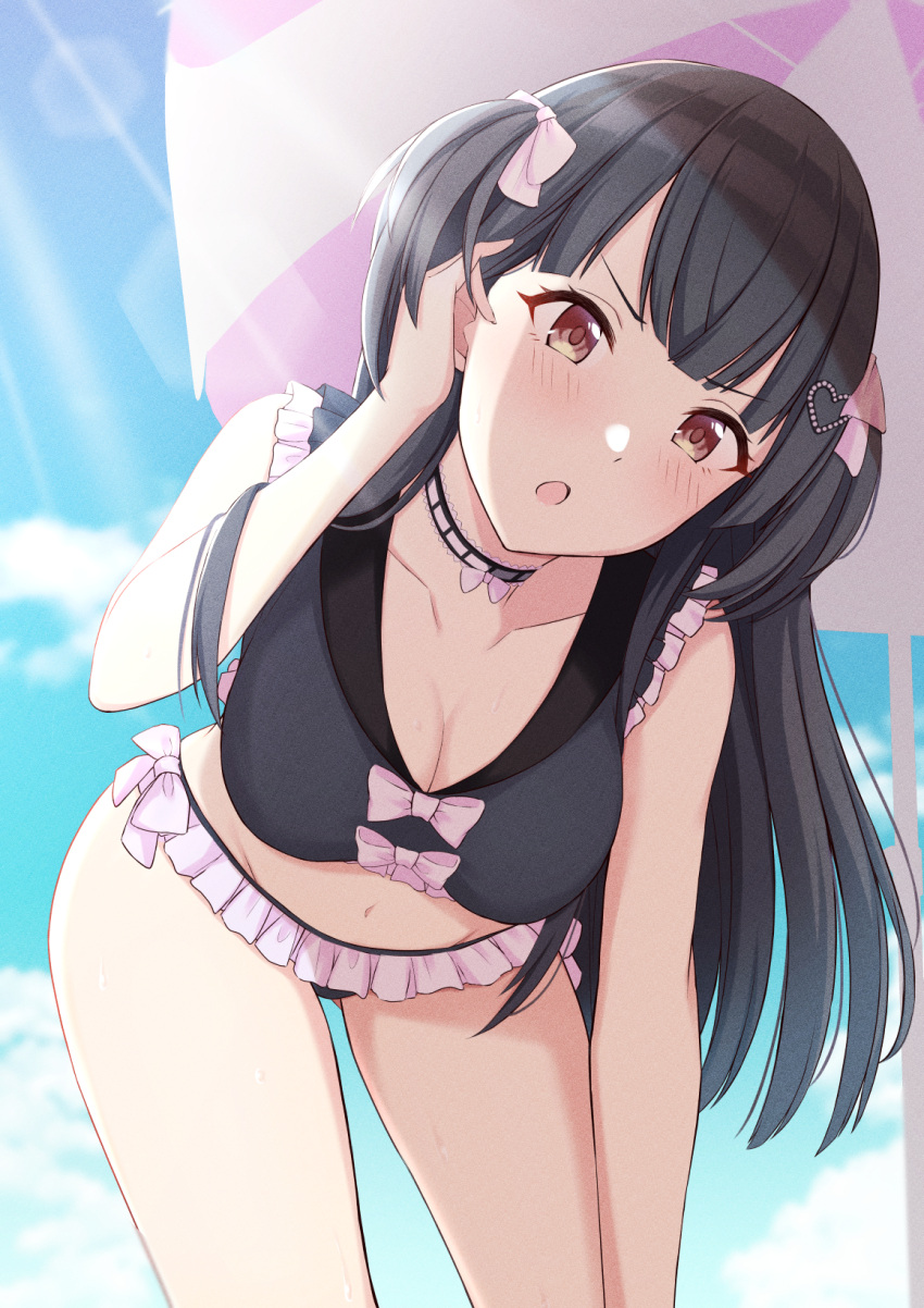 1girl arm_up bangs bare_legs bikini black_bikini black_hair blue_sky blush bow breasts brown_eyes choker cleavage cloud cloudy_sky collarbone commentary_request cowboy_shot day frilled_swimsuit frills hair_bow hair_ornament hairclip heart heart_hair_ornament highres idolmaster idolmaster_shiny_colors lace lace_choker leaning_forward long_hair looking_at_viewer mayuzumi_fuyuko medium_breasts navel open_mouth panna444 pink_bow pink_umbrella sidelocks sky sleeveless solo striped_umbrella sunlight swimsuit two_side_up umbrella v-shaped_eyebrows white_umbrella