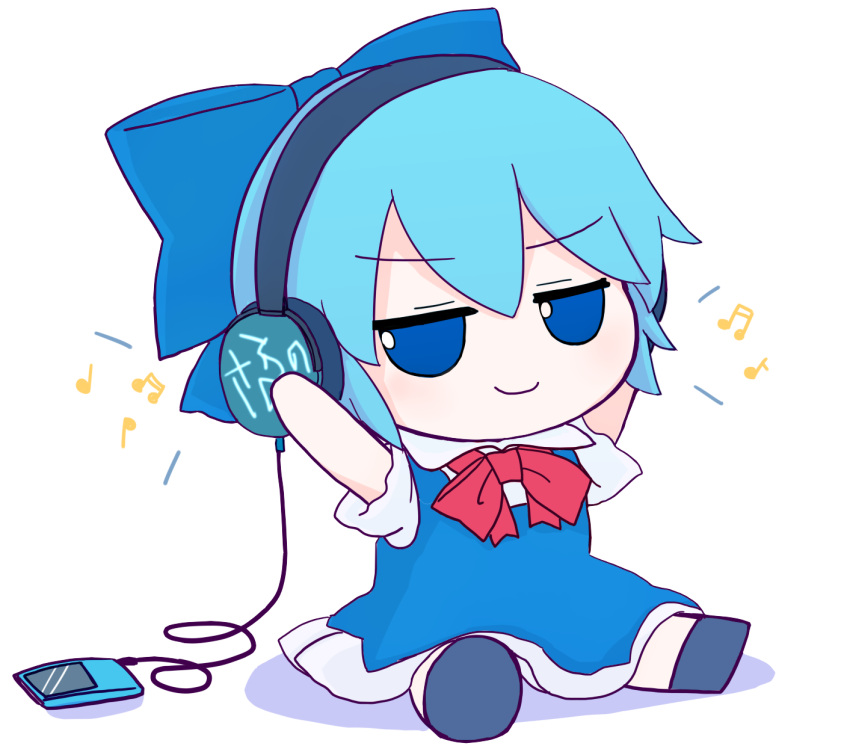 1girl blue_bow blue_dress blue_eyes blue_hair bow cirno collared_shirt commentary digital_media_player dress eyebrows_visible_through_hair fumo_(doll) hands_on_headphones headphones highres ipod listening_to_music long_dress neck_ribbon pinafore_dress puffy_short_sleeves puffy_sleeves red_ribbon rei_(tonbo0430) ribbon shirt short_hair short_sleeves simple_background smug solo touhou white_background white_shirt