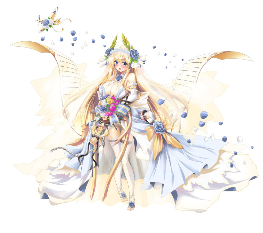 1girl aircraft_request alternate_costume azur_lane blonde_hair blue_eyes blue_flower blue_rose blush bouquet breasts cleavage commentary_request dress flower highres holding holding_bouquet laurel_crown long_hair open_mouth raranokusu rose simple_background thighhighs victorious_(azur_lane) wedding_dress white_background white_legwear