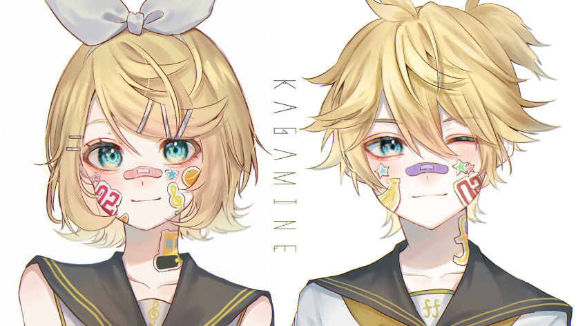 1boy 1girl amaharashi_34 aqua_eyes banana banana_sticker bandaid bandaid_on_face bandaid_on_nose bangs bare_arms bass_clef black_sailor_collar blonde_hair bow character_name close-up closed_mouth collarbone commentary_request dot_nose eyebrows_visible_through_hair eyelashes face food fruit hair_between_eyes hair_bow hair_ornament hairclip high_ponytail highres kagamine_len kagamine_rin light_smile looking_at_viewer musical_note musical_note_print musical_note_sticker number_print one_eye_closed orange_(fruit) orange_sticker sailor_collar short_hair short_ponytail side-by-side simple_background star_(symbol) star_sticker steamroller steamroller_sticker sticker swept_bangs text_focus treble_clef tsurime upper_body vocaloid white_background white_bow yellow_neckwear