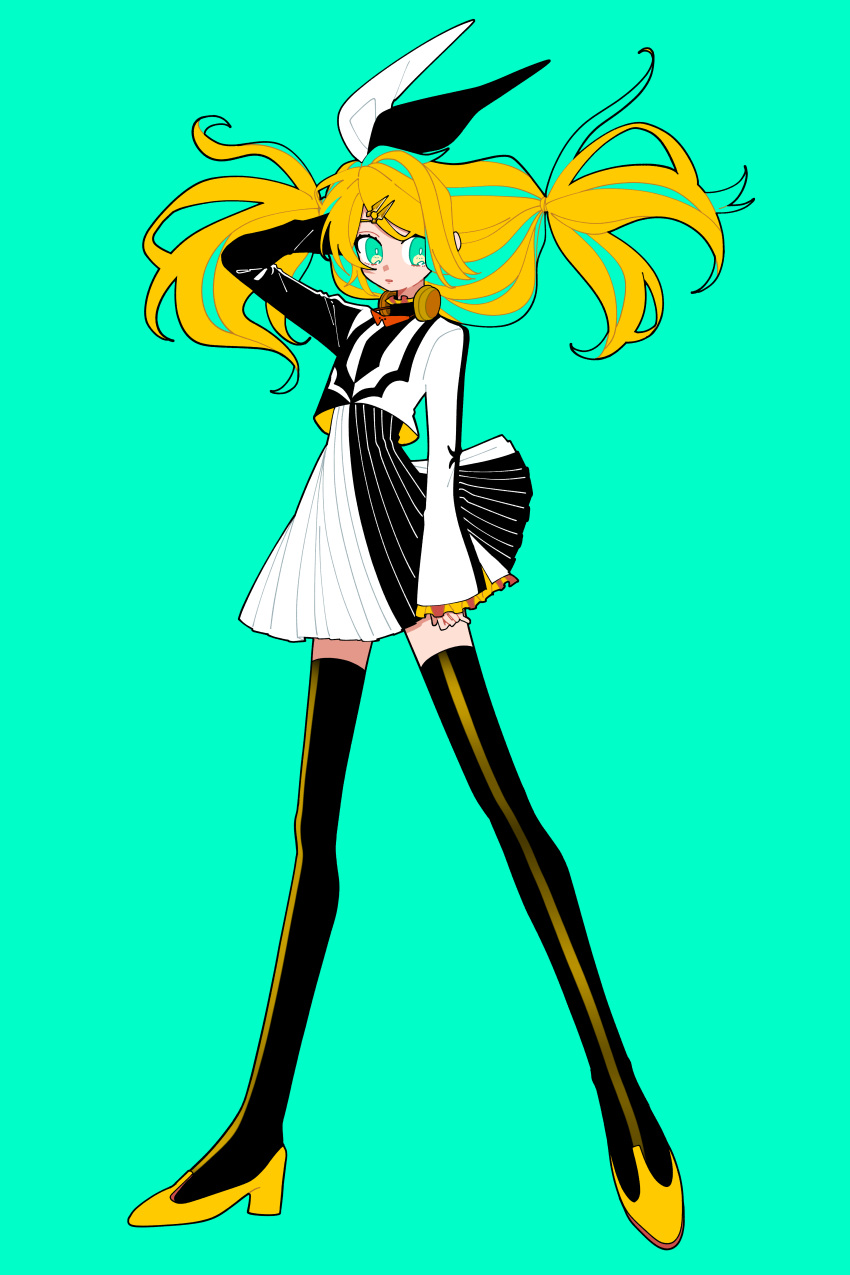 1girl absurdres aqua_background aqua_eyes aqua_hair arm_at_side big_eyes black_bow black_footwear blonde_hair boots bow bright_pupils commentary crop_top dot_nose dress expressionless facing_viewer flat_chest floating_hair frilled_sleeves frills full_body hair_bow hair_ornament hairclip hand_on_own_head hand_up headphones headphones_around_neck high_heel_boots high_heels highres iroha_(hourai_24) kagamine_rin legs_apart long_hair long_legs long_sleeves looking_to_the_side low-tied_long_hair low_twintails multicolored_hair parted_lips pleated_dress roshin_yuukai_(vocaloid) short_dress sideways_glance simple_background solo standing streaked_hair striped thigh_boots thighhighs tsurime twintails two-tone_bow two-tone_dress vertical_stripes vocaloid white_bow white_pupils zettai_ryouiki