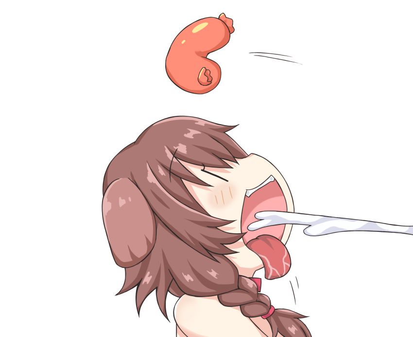 1girl absurdres animal_ears braid collar dog_ears food greenteaneko highres hololive implied_futanari inugami_korone open_mouth sausage spraying suggestive_fluid tongue tongue_out virtual_youtuber