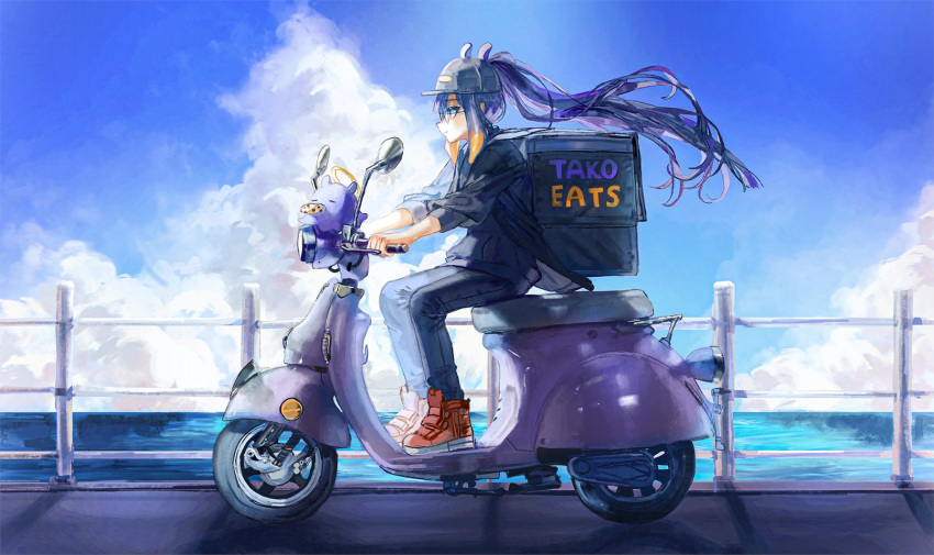 1girl boots cloud delivery driving eyebrows_visible_through_hair fence glasses ground_vehicle highres hololive hololive_english long_hair motor_vehicle multicolored_hair ninomae_ina'nis ocean pants pointy_ears purple_hair quasarcake scooter sitting solo sweater tako_(ninomae_ina'nis) tentacle_hair virtual_youtuber water