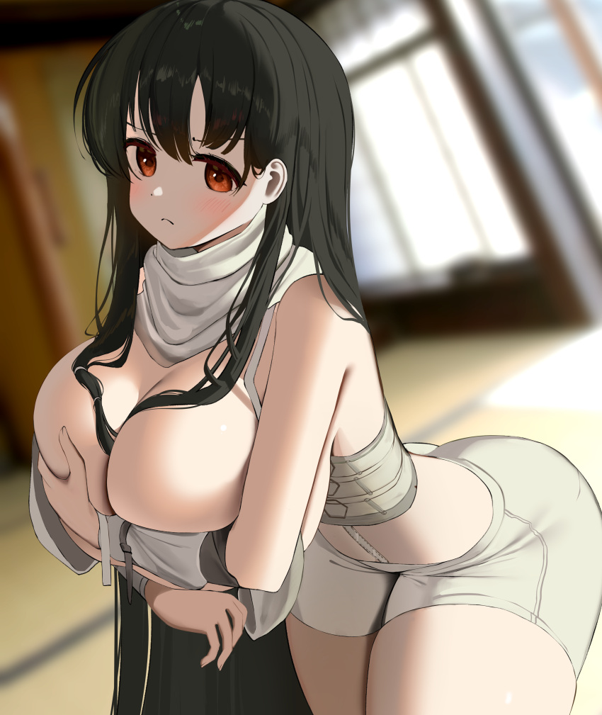 1girl absurdres arm_under_breasts bangs black_hair blurry blurry_background blush breasts brown_eyes closed_mouth covering covering_breasts cowboy_shot depth_of_field dutch_angle eyebrows_visible_through_hair hair_between_eyes hair_over_breasts highres huge_breasts indoors iwato_kasumi leaning_forward long_hair looking_at_viewer nicorima ninja revealing_clothes saki scarf shorts solo tatami thick_thighs thighs very_long_hair white_scarf