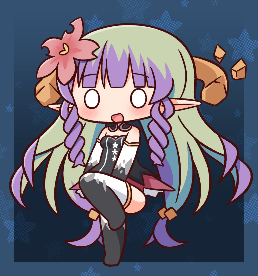 1girl :d ameth_(princess_connect!) bangs black_dress black_gloves black_legwear blush breasts chibi commentary_request dress elbow_gloves eyebrows_visible_through_hair flower full_body gloves green_hair hair_flower hair_ornament hana_kazari highres long_hair looking_at_viewer multicolored_hair no_shoes o_o open_mouth pointy_ears princess_connect! purple_hair red_flower small_breasts smile solo standing standing_on_one_leg strapless strapless_dress thighhighs two-tone_hair very_long_hair white_gloves white_legwear