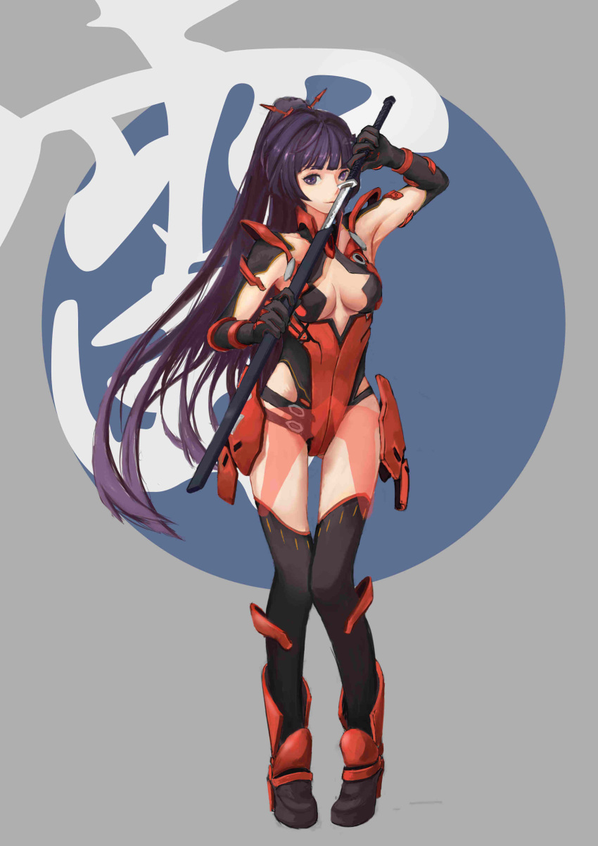 1girl absurdres armpits asdyindsa bangs bare_shoulders black_footwear black_gloves boots breasts cleavage closed_mouth drawing_sword gloves grey_background hair_ornament highres holding holding_sword holding_weapon honkai_(series) honkai_impact_3rd katana long_hair looking_at_viewer ponytail purple_eyes purple_hair raiden_mei raiden_mei_(crimson_impulse) sheath solo sword thigh_boots thighhighs unsheathing weapon