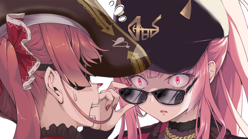 2girls adjusting_eyewear bangs black_eyepatch black_headwear eyepatch hair_ribbon hat hololive hololive_english houshou_marine jewelry kubota_masaki long_hair looking_at_viewer looking_over_eyewear mori_calliope multiple_girls necklace open_mouth pink_eyes pink_hair pirate_hat red_hair red_ribbon ribbon simple_background sunglasses sweatdrop teeth upper_body virtual_youtuber white_background