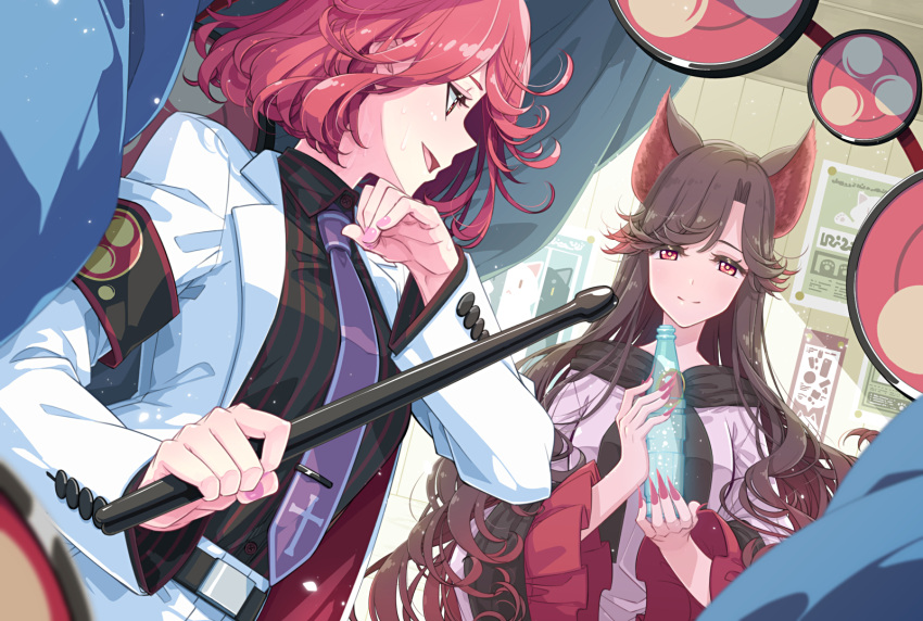 2girls animal_ears armband bangs belt black_shirt bottle breasts brooch brown_hair commentary_request commission curtains dress drum drumsticks fingernails frilled_sleeves frills highres holding holding_drumsticks horikawa_raiko imaizumi_kagerou indoors instrument jewelry long_fingernails long_hair long_sleeves medium_breasts mitsudomoe_(shape) multiple_girls necktie open_mouth poster_(object) purple_necktie red_eyes red_hair red_nails sakuraba_yuuki shirt skeb_commission smile striped striped_shirt sweat tie_clip tomoe_(symbol) touhou upper_body very_long_fingernails white_dress wide_sleeves wolf_ears