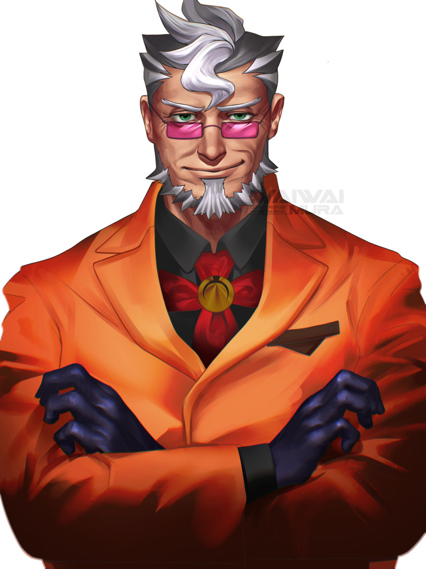 1boy absurdres ace_attorney artist_name beard crossed_arms damon_gant facial_hair glasses green_eyes grey_hair highres jacket looking_at_viewer male_focus multicolored_hair old old_man orange_jacket pink-tinted_eyewear smile solo tinted_eyewear two-tone_hair upper_body waiwai_mura watermark white_hair