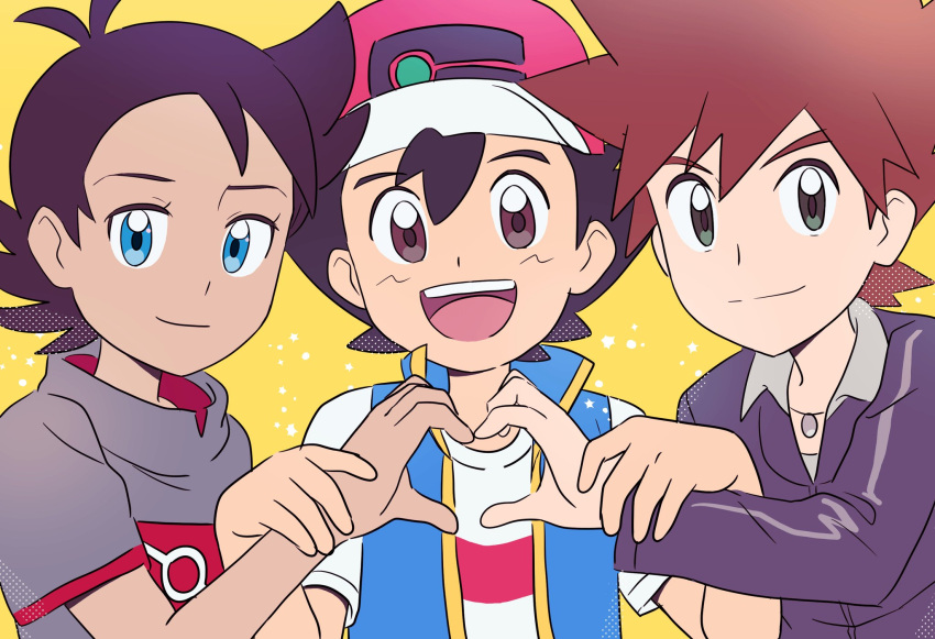 3boys antenna_hair ash_ketchum baseball_cap black_eyes black_hair black_jacket blue_eyes blue_vest brown_eyes brown_hair couple dark-skinned_male dark_skin gary_oak goh_(pokemon) grey_shirt happy hat heart heart_hands highres holding_another's_wrist jacket jewelry looking_at_viewer multiple_boys necklace open_mouth pokemon pokemon_(anime) pokemon_swsh_(anime) red_headwear rimmtha shirt smile spiked_hair teeth upper_body upper_teeth vest white_shirt yaoi yellow_background