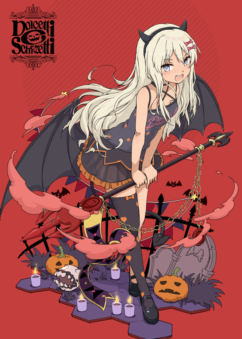 1girl abyssal_ship aka_ringo bat_wings black_dress black_footwear black_hairband black_legwear blonde_hair blue_eyes bow candle clothes_writing dress enemy_aircraft_(kancolle) fake_horns fang full_body grecale_(kancolle) hair_bow hairband halloween halloween_costume heart heart_print highres horns jack-o'-lantern kantai_collection long_hair mary_janes official_alternate_costume pink_bow red_background shoes single_thighhigh solo thighhighs tombstone wavy_hair wings