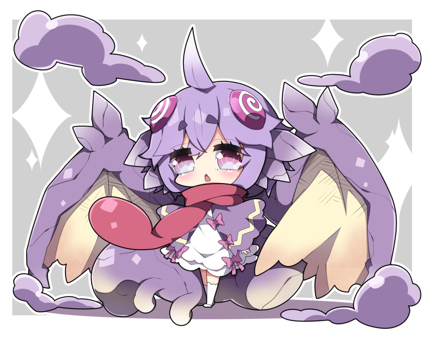 1girl ahoge bangs blush brown_wings chameleos chibi commentary dress eyebrows_visible_through_hair fang full_body hair_between_eyes highres long_sleeves looking_at_viewer milkpanda monster_hunter_(series) open_mouth personification purple_eyes purple_hair red_scarf ringed_eyes scarf short_eyebrows sleeves_past_wrists smoke solo sparkle standing thick_eyebrows thighhighs triangle_mouth white_dress white_legwear wide_sleeves wings