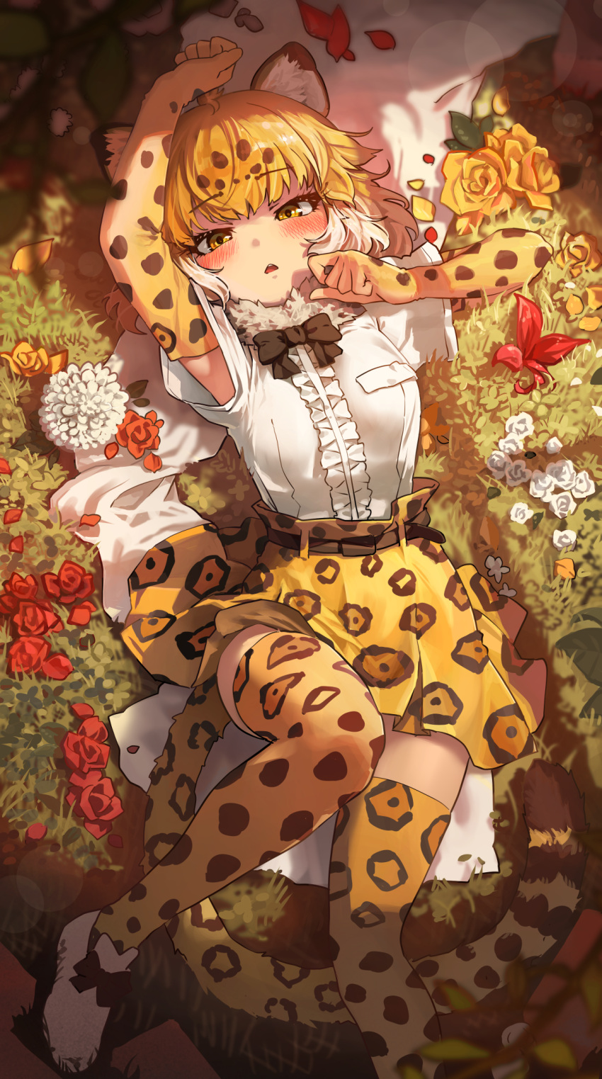 1girl animal_ear_fluff animal_ears armpits arms_up bangs belt blonde_hair blush bow bowtie breast_pocket breasts brown_hair cat_girl center_frills commentary elbow_gloves eyebrows_visible_through_hair flower frills from_above fur_collar gloves gradient_hair highres jaguar_(kemono_friends) jaguar_ears jaguar_girl jaguar_print jaguar_tail kemono_friends looking_at_viewer lying medium_hair melaton miniskirt multicolored_hair on_back parted_lips pocket print_gloves print_legwear print_skirt shirt shoes short_sleeves skirt small_breasts solo tail thighhighs up_sleeve white_hair white_shirt yellow_eyes yellow_gloves yellow_legwear yellow_skirt zettai_ryouiki