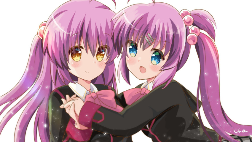 2girls blazer blue_eyes bow brown_eyes futaki_kanata hair_bobbles hair_ornament highres holding_hands jacket little_busters! long_hair looking_at_viewer multiple_girls pink_bow purple_hair saigusa_haruka school_uniform side_ponytail simple_background upper_body ura_(ura-tennislove) white_background