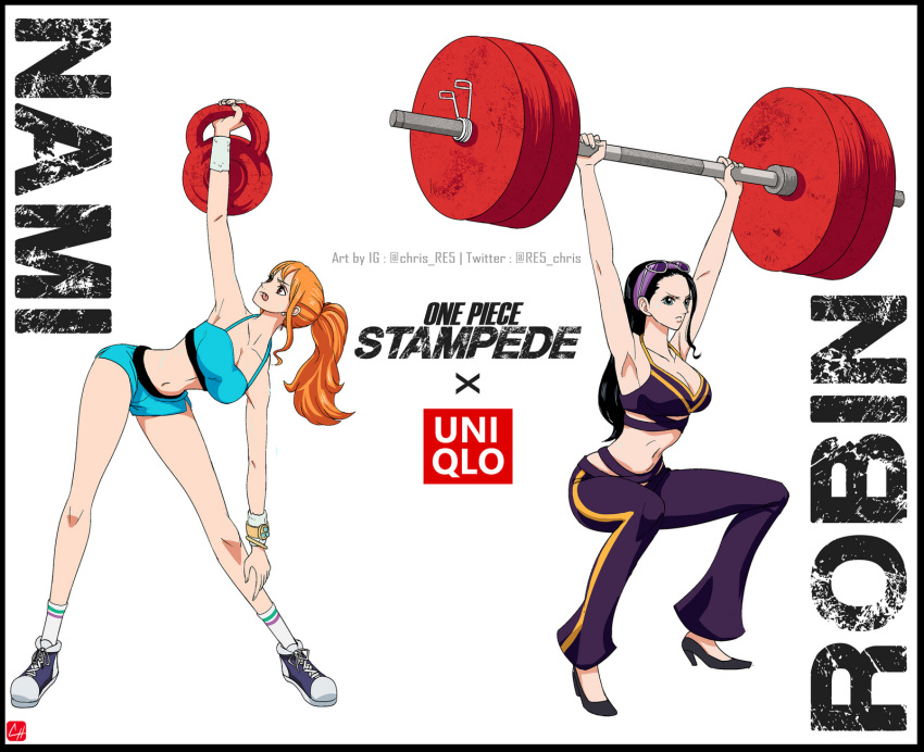 2girls bangle barbell black_hair bracelet breasts character_name chris_re5 cleavage commentary_request copyright_name crop_top dolphin_shorts exercise eyewear_on_head green_eyes hairband halter_top halterneck high_heels highres jewelry kettlebell large_breasts log_pose midriff multiple_girls nami_(one_piece) navel nico_robin one_piece one_piece:_stampede orange_eyes orange_hair pants ponytail purple_hairband serious shoes short_shorts shorts signature sneakers squatting sunglasses track_pants twitter_username uniqlo weightlifting wristband