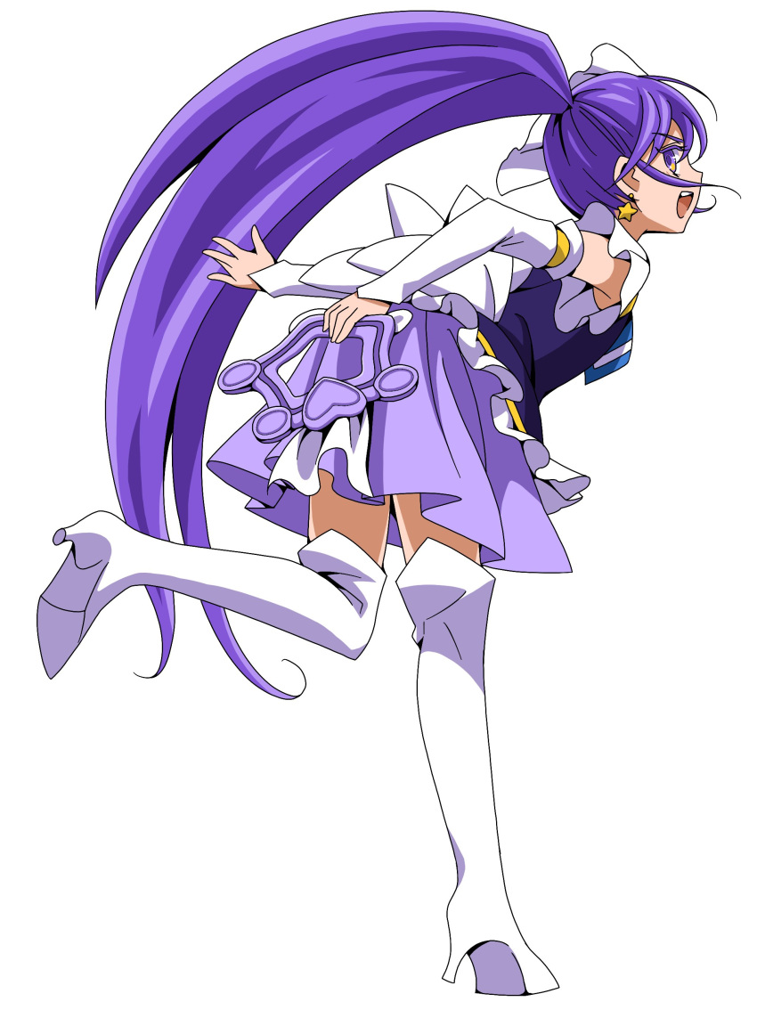 1girl :d absurdres boots colored_eyelashes cure_fortune detached_sleeves earrings ebura_din full_body happinesscharge_precure! high_heel_boots high_heels highres hikawa_iona holding jewelry long_hair long_sleeves looking_at_viewer looking_back miniskirt open_mouth pleated_skirt ponytail precure purple_eyes purple_hair purple_skirt purple_vest simple_background skirt smile solo standing standing_on_one_leg star_(symbol) star_earrings thigh_boots thighhighs very_long_hair vest white_background white_footwear white_sleeves zettai_ryouiki