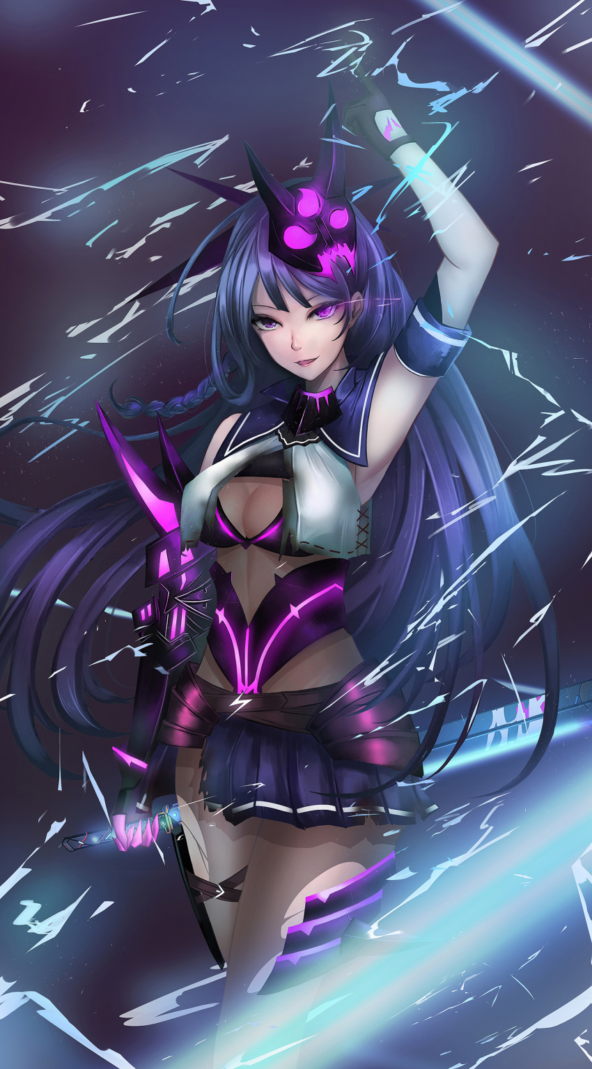 1girl :d absurdres arm_up armpits asymmetrical_gloves bangs black_gloves blue_skirt braid breasts cleavage commentary electricity gloves glowing glowing_eye glowing_weapon highres holding holding_sword holding_weapon honkai_(series) honkai_impact_3rd index_finger_raised leggings long_hair looking_at_viewer mask mismatched_gloves open_mouth purple_eyes purple_hair raiden_mei raiden_mei_(lightning_empress) skirt smile solo sword tgdzl torn_clothes torn_legwear torn_skirt weapon