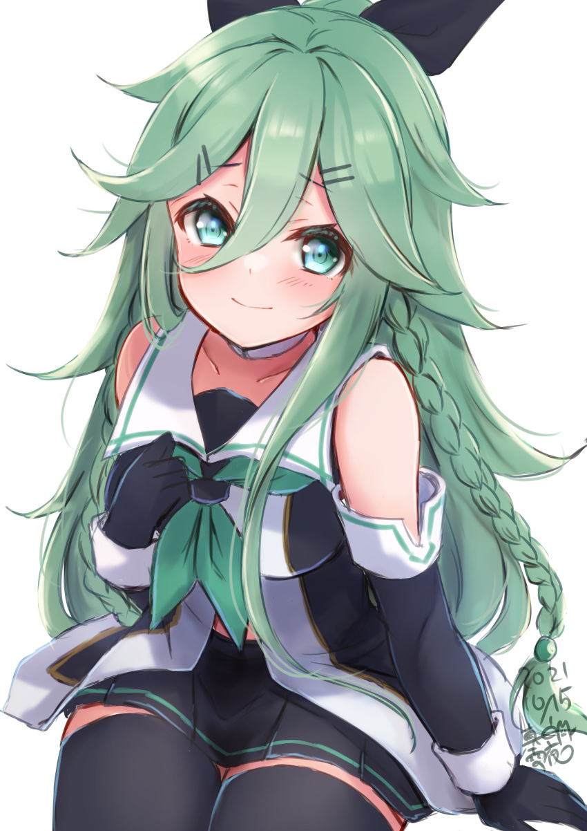 1girl absurdres aqua_eyes artist_name black_gloves black_legwear black_ribbon black_serafuku black_skirt braid closed_mouth collarbone dated elbow_gloves eyebrows_visible_through_hair gloves green_hair green_neckerchief hair_between_eyes hair_flaps hair_ribbon highres kantai_collection long_hair mashiro_yukiya neckerchief pleated_skirt ponytail remodel_(kantai_collection) ribbon school_uniform serafuku signature simple_background skirt smile solo thighhighs twin_braids white_background yamakaze_(kancolle) yamakaze_kai_ni_(kancolle)