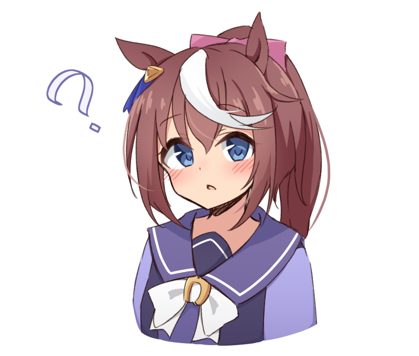 1girl ? animal_ears bangs blue_eyes blush bow bowtie brown_hair commentary cropped_torso eyebrows_visible_through_hair hair_bow head_tilt highres horse_ears horse_girl looking_at_viewer multicolored_hair parted_lips pink_bow ponytail purple_sailor_collar purple_shirt sailor_collar shirt sidelocks simple_background solo streaked_hair symbol-only_commentary tokai_teio_(umamusume) tsukimi_(rivia) umamusume upper_body white_background white_bow white_bowtie white_hair