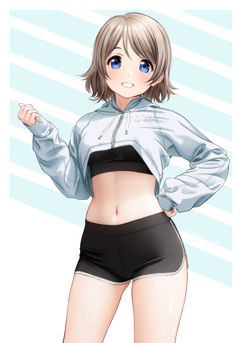 1girl alternate_costume ass_visible_through_thighs black_bra black_shorts blue_eyes blue_hoodie blush bra breasts brown_hair character_name contrapposto cowboy_shot crop_top crop_top_overhang cropped_hoodie dolphin_shorts grin hair_between_eyes hand_on_hip highres hood hoodie looking_at_viewer love_live! love_live!_sunshine!! medium_breasts medium_hair midriff navel short_shorts shorts smile solo sports_bra striped striped_background tareme underwear watanabe_you yonsi