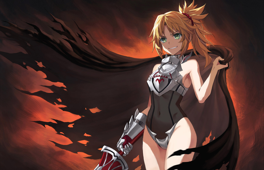 1girl armor bangs bare_shoulders black_legwear black_leotard blonde_hair braid breastplate breasts brown_cape cape clarent_(fate) covered_navel fate/apocrypha fate_(series) faulds french_braid green_eyes grin hair_ornament hair_scrunchie highres leotard long_hair looking_at_viewer mordred_(fate) mordred_(fate/apocrypha) navel parted_bangs ponytail scrunchie sidelocks small_breasts smile sword thighhighs thighs tonee weapon