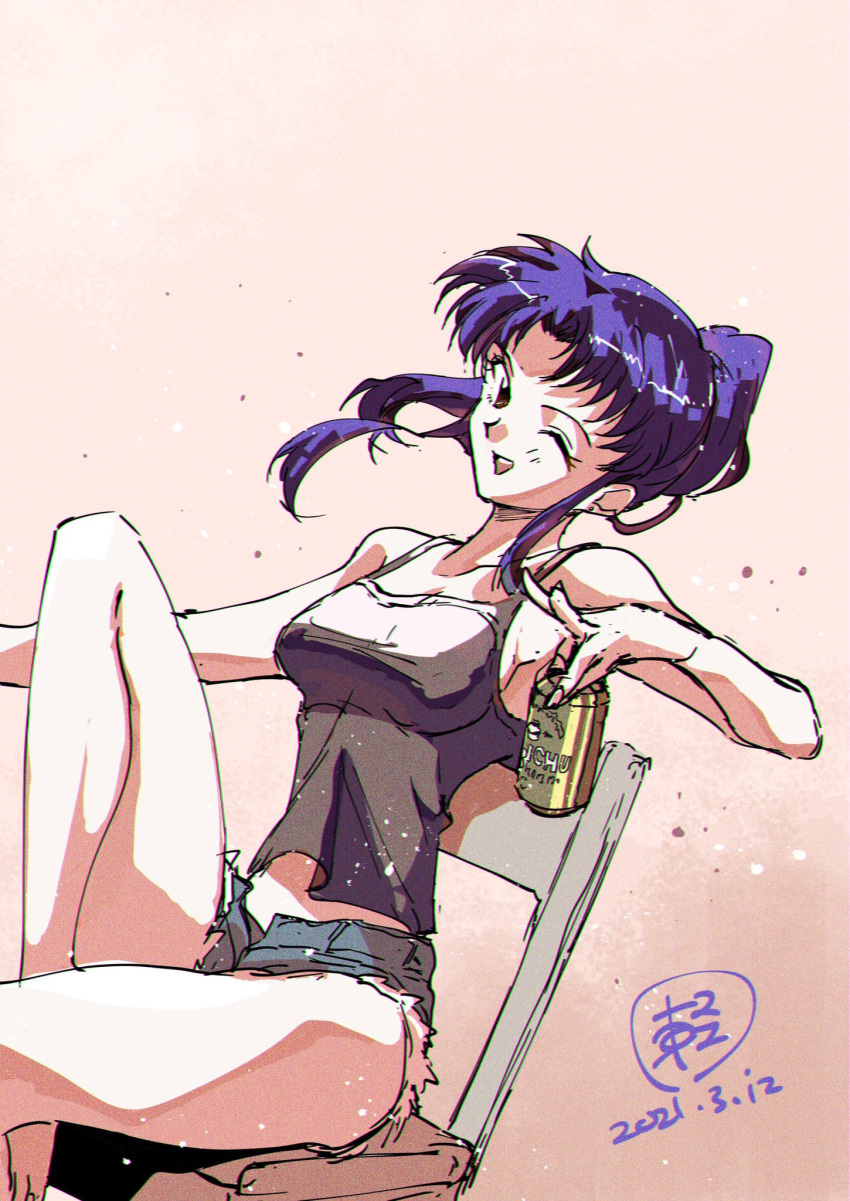 1girl bangs black_camisole camisole can chromatic_aberration dated grey_shorts highres holding holding_can katsuragi_misato knee_up long_hair murimajimuri neon_genesis_evangelion one_eye_closed open_mouth parted_bangs purple_hair shorts sitting sleeveless smile solo