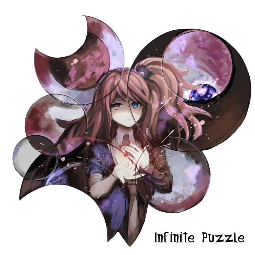 1girl absurdres bangs bear_hair_ornament black_shirt blue_eyes brown_eyes brown_hair circle closed_mouth collared_shirt danganronpa/zero danganronpa:_trigger_happy_havoc danganronpa_(series) dual_persona enoshima_junko hair_ornament heterochromia highres hiiragi_(hiiragi_dgrp) long_hair long_sleeves looking_at_viewer necktie otonashi_ryouko shirt side_ponytail simple_background solo upper_body white_background white_shirt