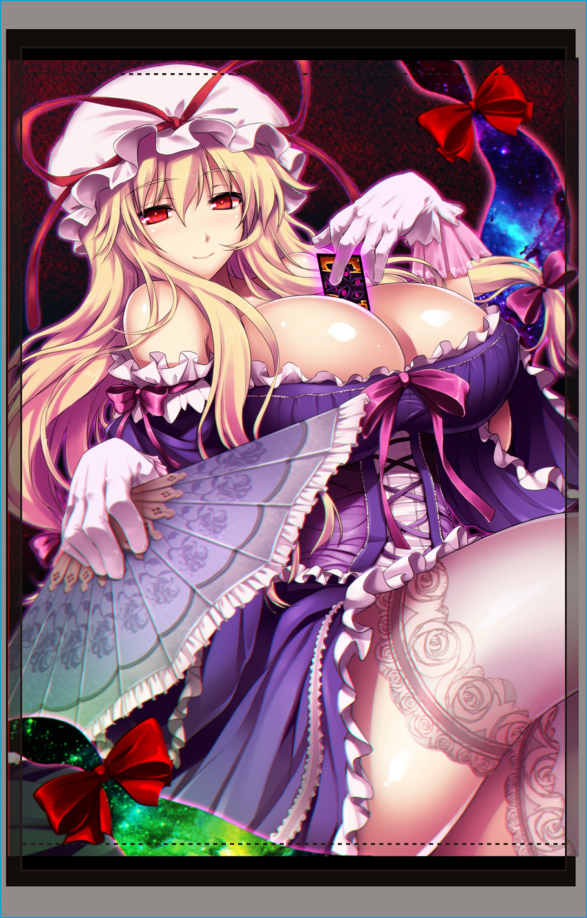 1girl absurdres bare_shoulders blonde_hair breasts cleavage dress frilled_dress frilled_gloves frills gloves hand_fan hat highres holding holding_fan lace-trimmed_legwear lace_trim large_breasts long_hair mob_cap ouma_tokiichi puffy_short_sleeves puffy_sleeves purple_dress purple_ribbon red_eyes red_ribbon ribbon short_dress short_sleeves smile solo spell_card thick_thighs thighhighs thighs touhou white_headwear white_legwear yakumo_yukari