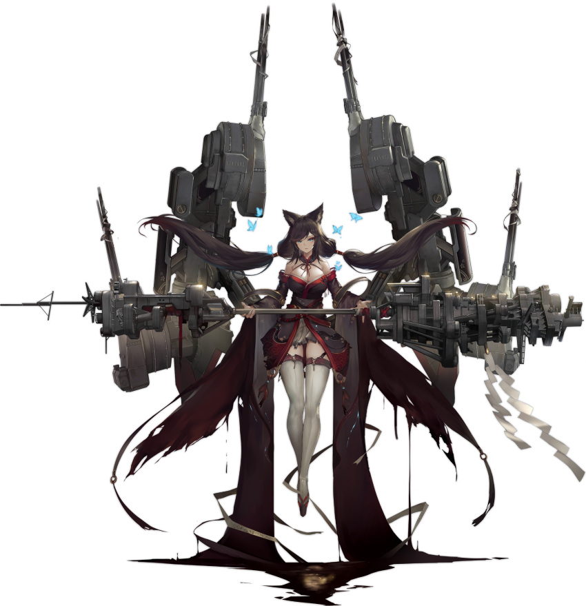 1girl animal_ears azur_lane black_hair black_kimono blue_eyes breasts bug butterfly cat_ears cleavage fusou_(azur_lane) fusou_(meta)_(azur_lane) hair_ornament highres japanese_clothes kimono large_breasts long_hair looking_at_viewer mkiiiiii official_art rigging solo staff transparent_background