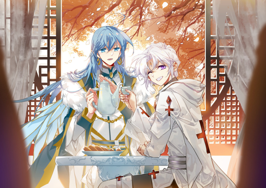 2boys absurdres autumn blinking blue_eyes blue_hair chinese_clothes cup earrings facial_mark forehead_mark fur_trim highres holding holding_cup jewelry lan_li lattice limaomao long_hair male_focus multiple_boys round_window san_yan_xiao_tian_lu short_hair sitting smile teapot window yang_jian