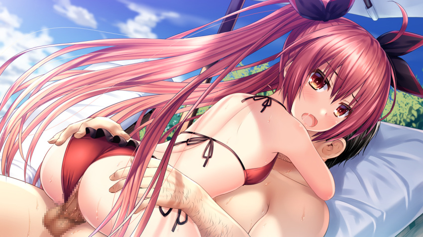 1boy 1girl ahoge ass ass_grab bikini bikini_aside black_ribbon blue_sky blush breasts censored chair clothing_aside cloud cloudy_sky date_a_live eyebrows_visible_through_hair hair_between_eyes hair_ribbon hetero itsuka_kotori long_hair looking_at_viewer lounge_chair netorare open_mouth parasol penis pussy_juice red_bikini red_eyes red_hair ribbon saliva sex sky small_breasts sweat swimsuit tree twintails umbrella user_tyrk5285 very_long_hair