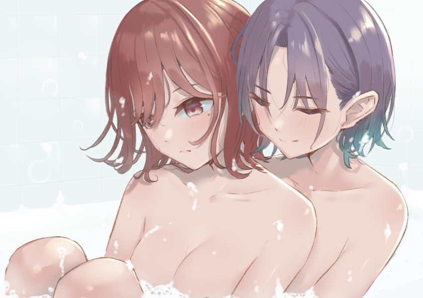 2girls asakura_tooru bath bathing blue_hair blush breasts bubble bubble_bath cleavage collarbone commentary_request completely_nude convenient_censoring gradient_hair highres higuchi_madoka idolmaster idolmaster_shiny_colors leaning_on_person light_smile looking_away mole mole_under_eye multicolored_hair multiple_girls nude purple_hair red_hair shared_bathing simple_background sitting tiles umirororo yuri