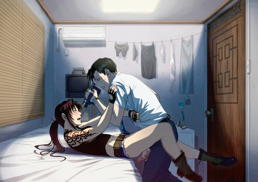 1boy 1girl air_conditioner azasuke bar_censor bed between_legs black_lagoon black_shirt blinds blush boots bra bra_removed censored clothesline commentary cutoffs denim denim_shorts film_grain filming fingerless_gloves from_side gloves hetero highres imminent_penetration indoors midriff missionary navel okajima_rokuro panties panties_removed penis penis_grab ponytail red_eyes revy_(black_lagoon) shirt shorts shoulder_tattoo sports_bra sweat tattoo television thighs tribal_tattoo underwear video_camera watch white_bra white_panties white_shirt wristwatch