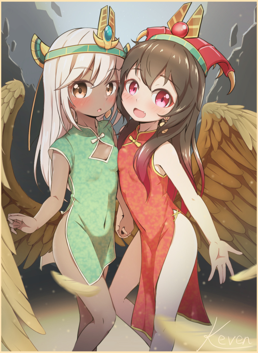 2girls artist_name bangs bare_shoulders blush border breast_press breasts brown_eyes brown_hair character_request child china_dress chinese_clothes chinese_commentary cleavage_cutout clothing_cutout commentary_request covered_navel dark-skinned_female dark_skin dress eyebrows_visible_through_hair fang feathered_wings feathers gradient_hair happy headpiece highres holding_hands keven_(ewdx3754) long_hair looking_at_viewer mesopotamia_(tower_of_saviors) multicolored_hair multiple_girls open_mouth outstretched_arm red_eyes red_hair shiny shiny_hair short_dress short_sleeves side_slit sidelocks signature sleeveless sleeveless_dress small_breasts smile standing symmetrical_docking symmetry tower_of_saviors two-tone_hair white_hair wings yellow_border yellow_wings younger