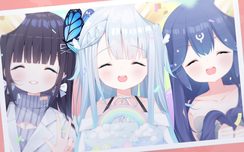 3girls ^_^ amatsuka_uto aoi_nabi bangs bao_(vtuber) blue_hair breasts butterfly_hair_ornament cleavage cleavage_cutout closed_eyes clothing_cutout collarbone confetti crown deyui dress grey_dress grey_jacket grey_sweater hair_ornament highres holding holding_hair indie_virtual_youtuber jacket long_hair multiple_girls off_shoulder photo_(object) rainbow second-party_source silver_hair smile sweater v virtual_youtuber