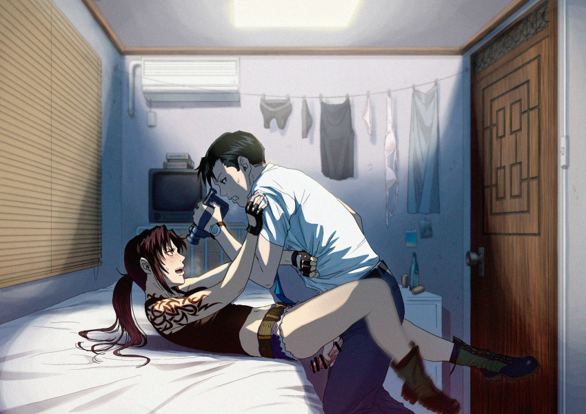 1boy 1girl air_conditioner azasuke bar_censor bed between_legs black_lagoon black_shirt blinds blush boots bra bra_removed censored clothesline commentary cutoffs denim denim_shorts film_grain filming fingerless_gloves from_side gloves hetero highres imminent_penetration indoors midriff missionary navel okajima_rokuro panties panties_removed penis penis_grab ponytail red_eyes revy_(black_lagoon) sex shirt shorts shoulder_tattoo sports_bra sweat tattoo television thighs tribal_tattoo underwear video_camera watch white_bra white_panties white_shirt wristwatch