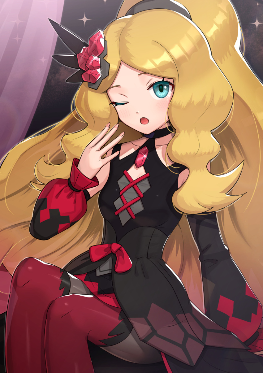 1girl ;o aqua_eyes bangs blonde_hair caitlin_(pokemon) collarbone commentary detached_sleeves eyelashes glint gonzarez hair_ornament highres knees legs_together long_hair official_alternate_costume one_eye_closed open_mouth parted_bangs pokemon pokemon_(game) pokemon_masters_ex red_ribbon ribbon ruby_(gemstone) shiny shiny_hair sidelocks sitting solo sparkle tied_hair