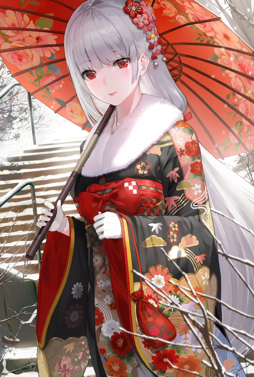 1girl absurdres bag bangs black_kimono blunt_bangs bow branch closed_mouth commentary cowboy_shot english_commentary eyebrows_visible_through_hair floral_print flower fur-trimmed_kimono fur_trim furisode gloves hair_flower hair_ornament happy_new_year highres holding holding_bag holding_umbrella japanese_clothes kfr kimono kinchaku lips long_hair looking_at_viewer new_year obi oil-paper_umbrella original photoshop_(medium) pouch print_kimono print_umbrella railing red_bow red_eyes sash sidelocks silver_hair snow solo stairs umbrella very_long_hair white_gloves wide_sleeves