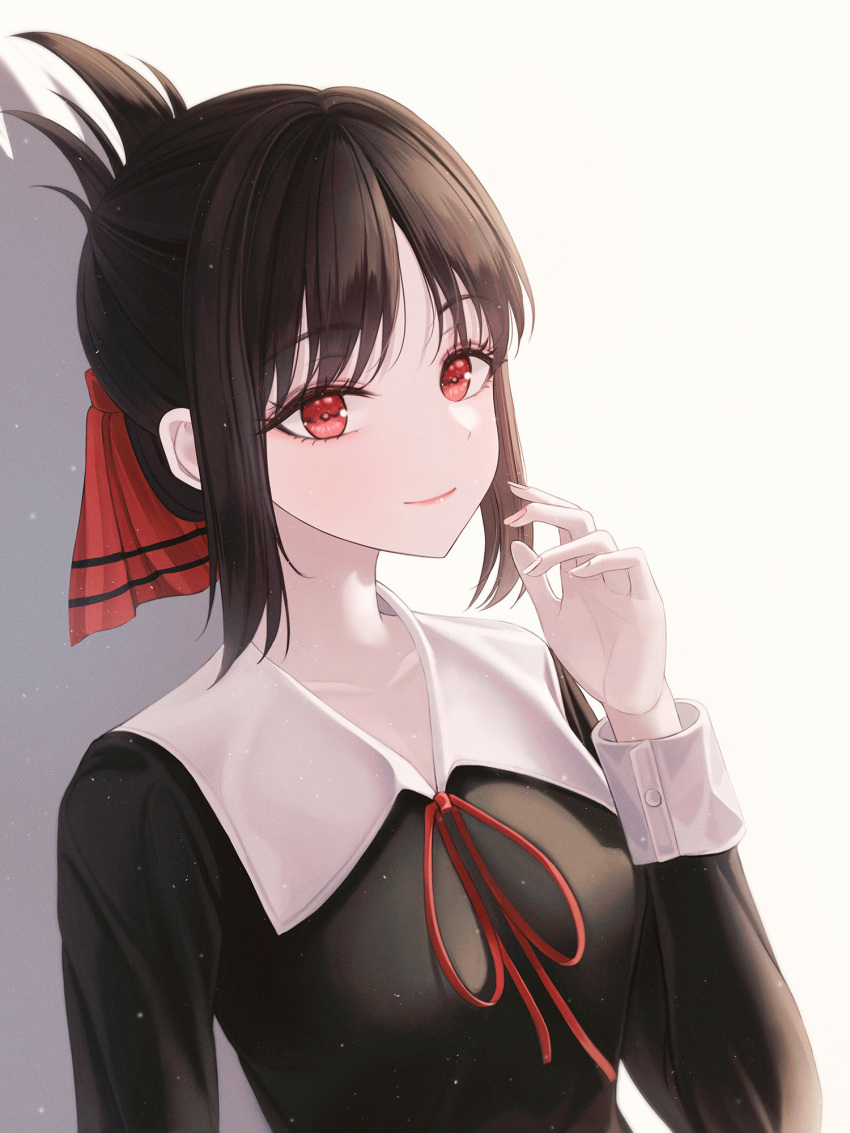 1girl bangs black_dress black_hair blush collarbone dress eyebrows_visible_through_hair folded_ponytail grey_background hair_ribbon highres kaguya-sama_wa_kokurasetai_~tensai-tachi_no_renai_zunousen~ long_sleeves looking_at_viewer neck_ribbon parted_bangs red_eyes red_ribbon ribbon shinomiya_kaguya smile solo upper_body youngsok