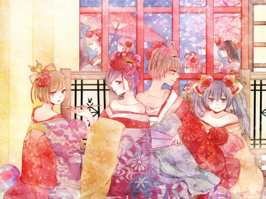 6+girls alternate_costume ball bangs bare_shoulders black_hair bow clothing_request collarbone eyebrows_visible_through_hair floral_print flower fueguchi_hinami hair_bow hair_flower hair_ornament hand_up highres holding holding_pipe ihei_hairu japanese_clothes kimono kirishima_touka kusakari_miza long_sleeves mado_akira multiple_girls mutsuki_tooru oil-paper_umbrella pink_bow pink_eyes pink_kimono pipe profile purple_hair red_bow red_flower short_hair smile tokyo_ghoul tokyo_ghoul:re toukaairab twintails umbrella white_hair wide_sleeves yasuhisa_kurona yasuhisa_nashiro yonebayashi_saiko