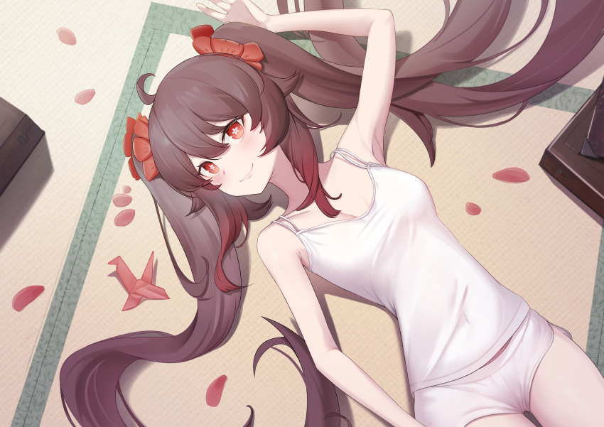 1girl absurdres arm_up ass_visible_through_thighs blush breasts brown_hair casual closed_mouth eyebrows_visible_through_hair flower genshin_impact highres hu_tao_(genshin_impact) lingwuye long_hair looking_at_viewer lying on_back on_floor origami paper_crane petals plum_blossoms red_eyes small_breasts smile solo twintails very_long_hair